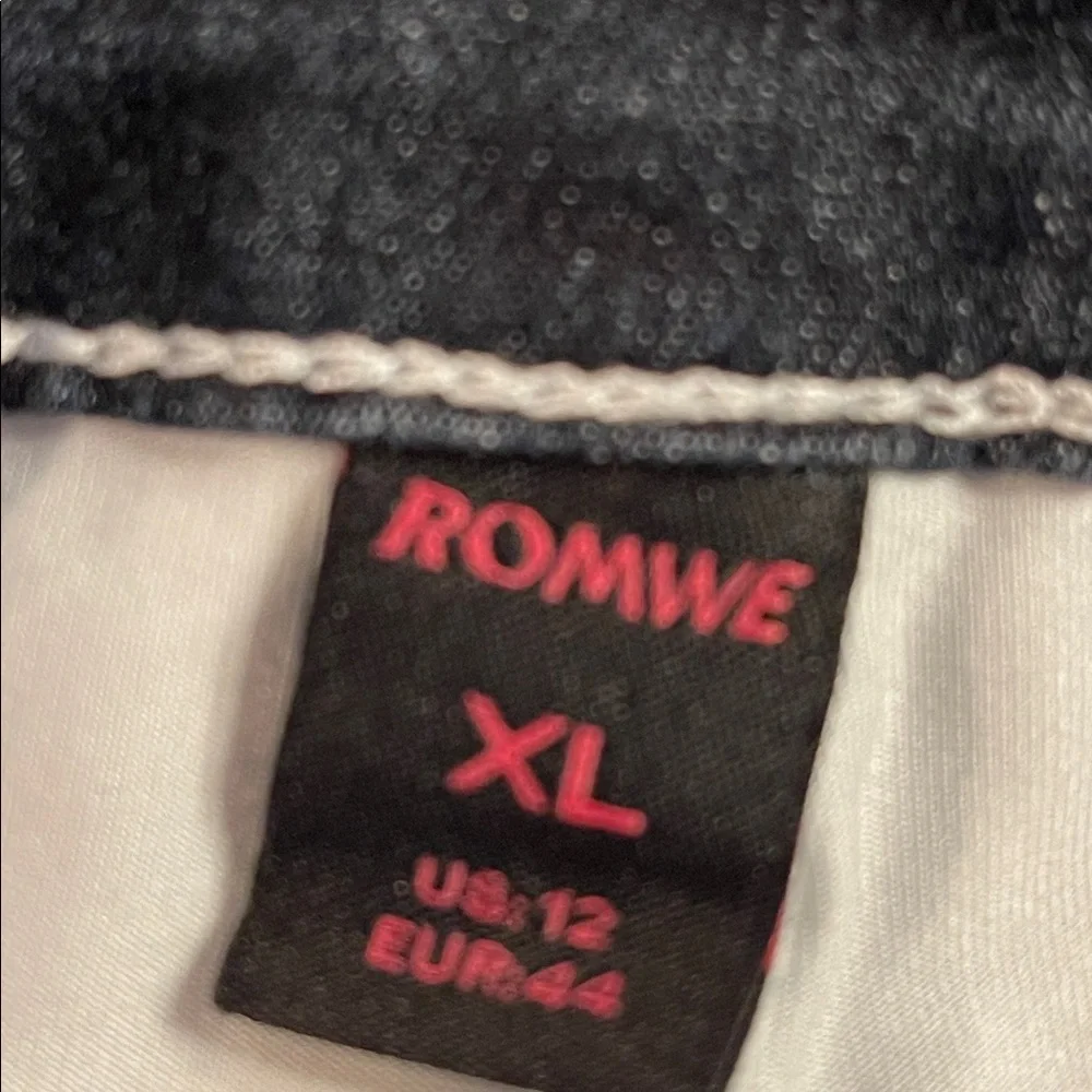 Y2K Goth Denim Mini Skirt Faux Fur Hem Cross Embroidery XL Alt Grunge - Picture 8 of 10